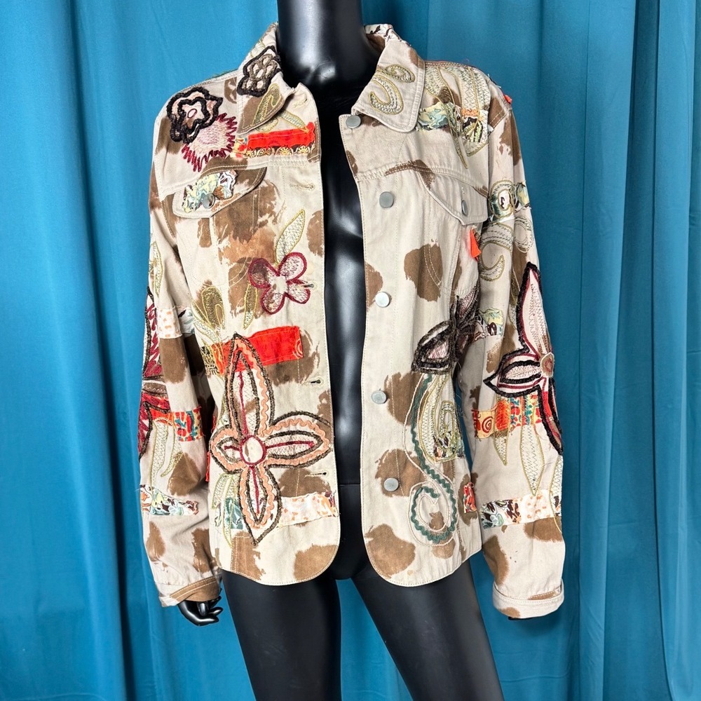 Bleu Bayou Casual Wear Cow Print Embroidered Patchwork Cotton Jacket Tan Brown L